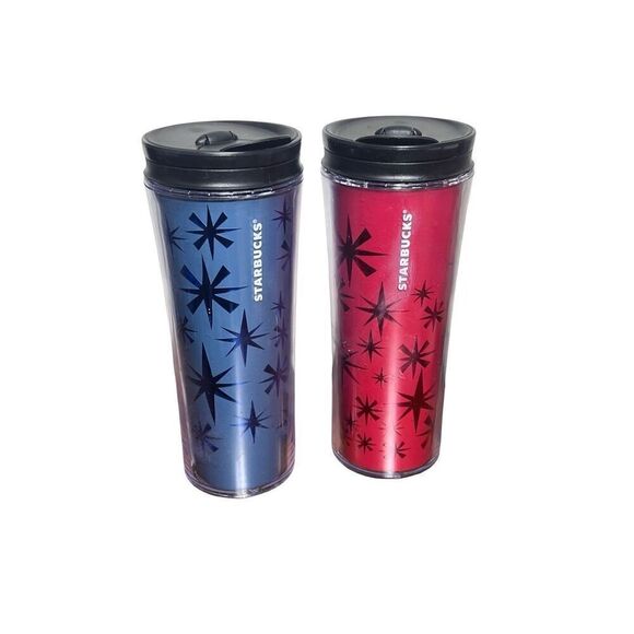 Starbucks Set of 2 Snowflake 2011 Holiday Travel Mugs Red Blue Tumblers - Picture 1 of 4
